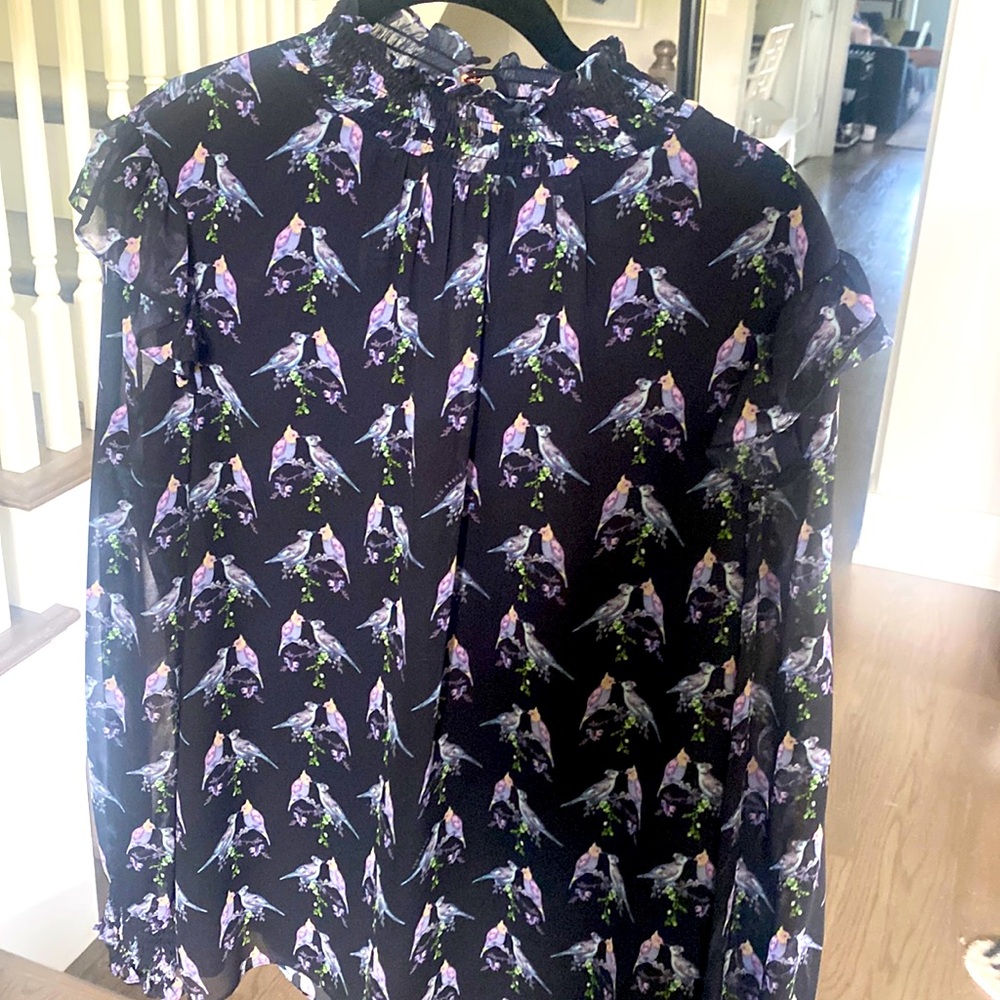 Ted Baker bird print high neck blouse, sheer sleeves, SIZE 3
